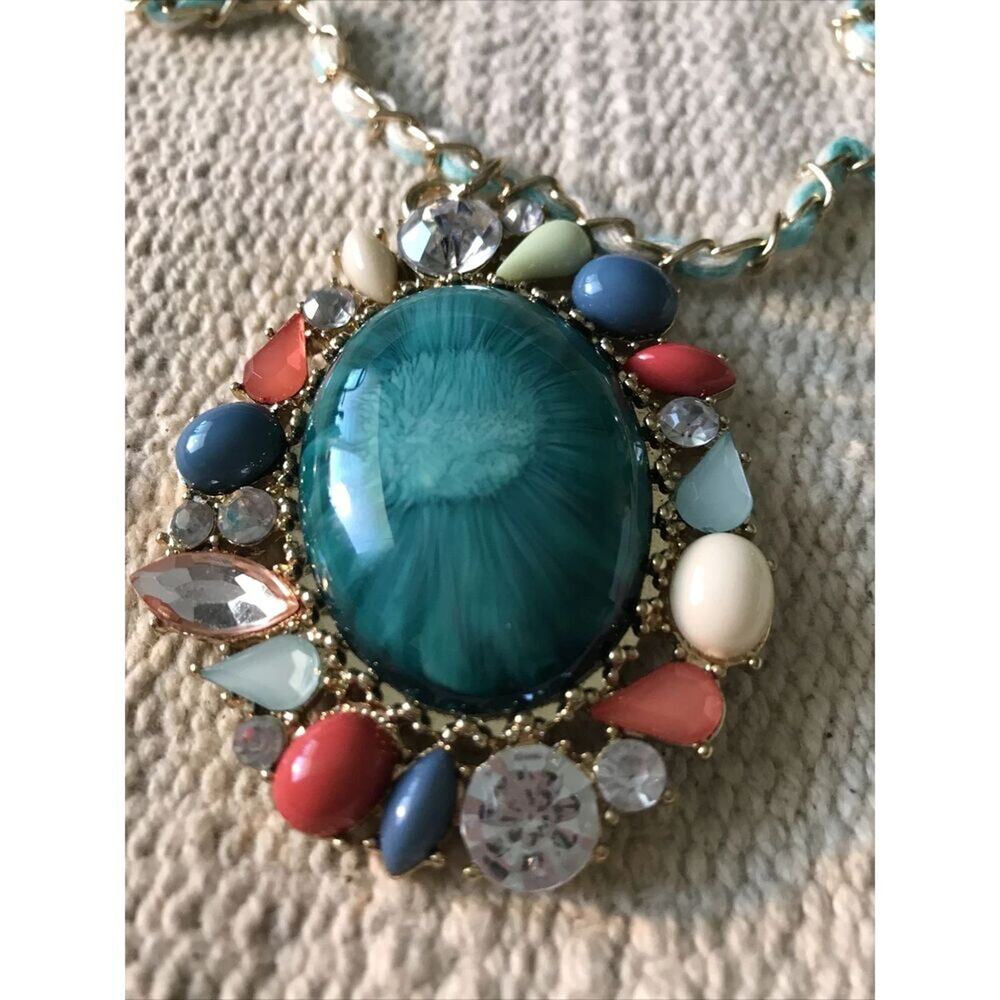 Costume Necklace Rhinestones Acrylic Yarn Wrapped Gold Tone Chain